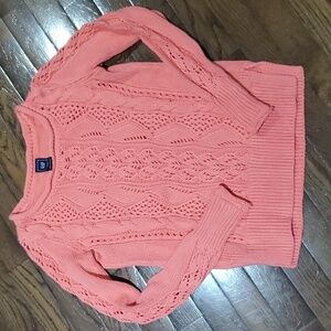 Pretty Coral Cotton Cable knit pullover Crew Neck rolled collar Sweater XS